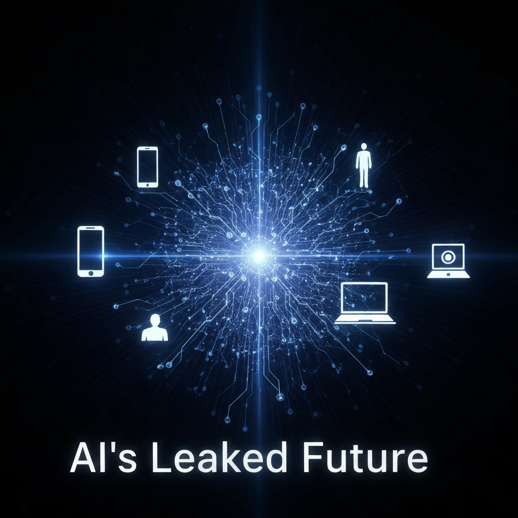 A futuristic digital art image depicting a glowing, interconnected AI brain core breaking through a digital veil, with data streams connecting to minimalist icons of a smartphone, laptop, and smart home device, representing the article "5 Leaked AI Assistant Features We Expect in the Next 12 Months (And Who Will Leak Them)". The headline "AI's Leaked Future" is overlaid.