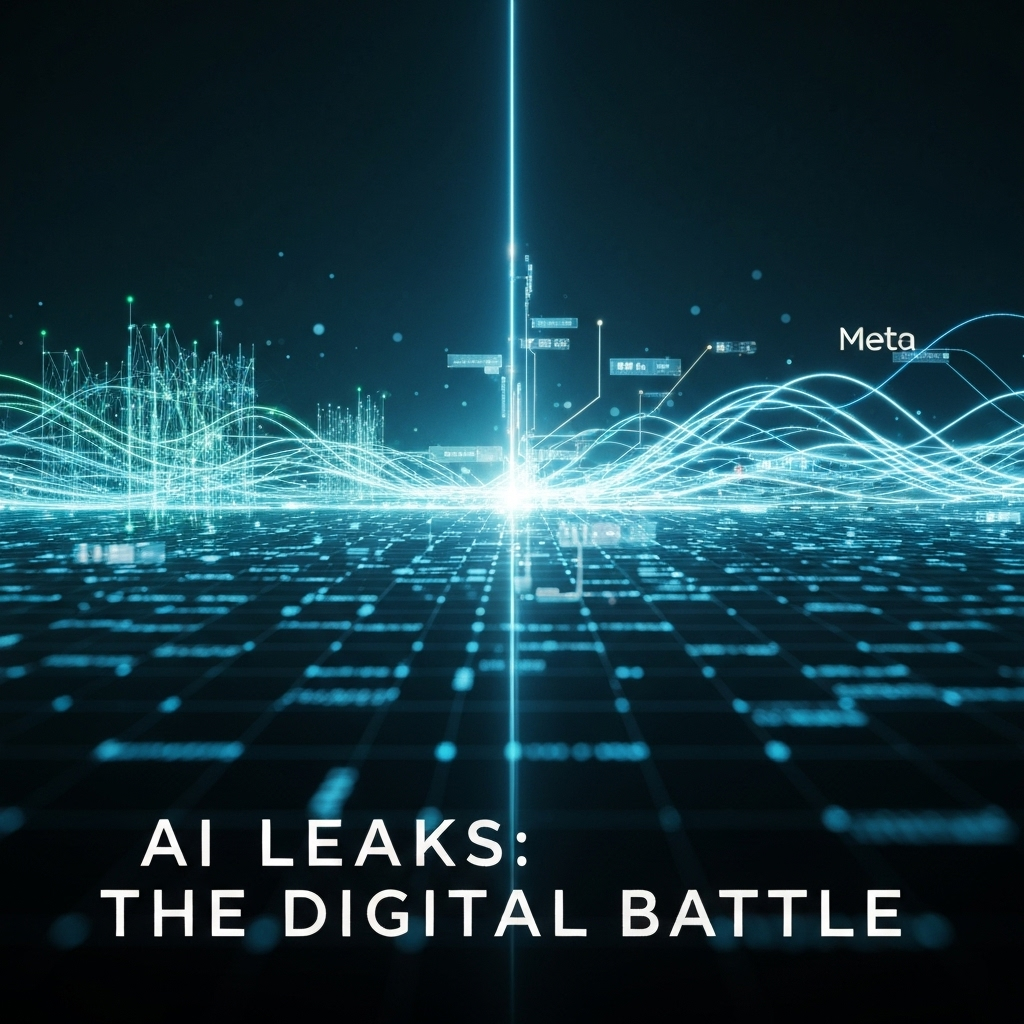 An abstract digital landscape depicting a cybersecurity battle between Google and Meta's AI systems, with glowing data streams, security barriers, and potential vulnerabilities, illustrating the next wave of AI leaks.