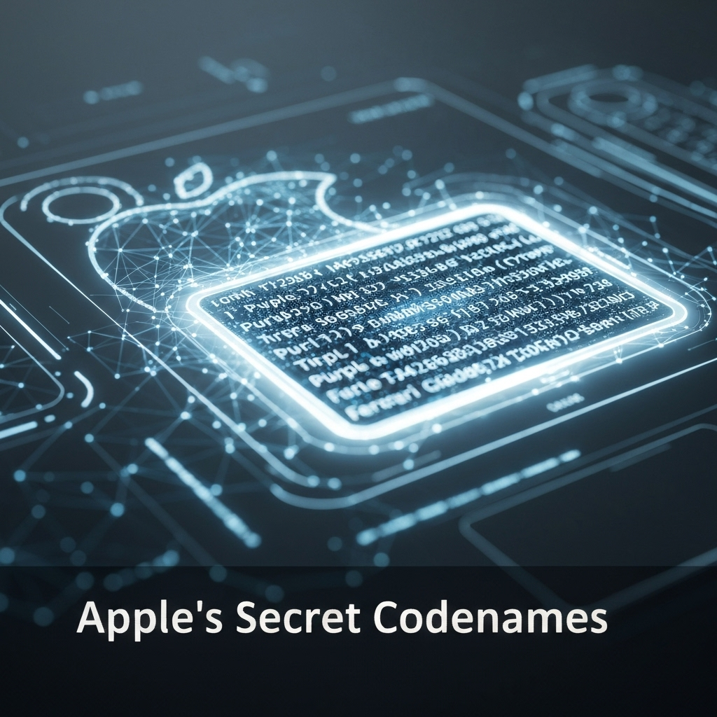 A high-tech digital interface decoding cryptic symbols to reveal Apple product codenames like 'Purple' and 'Titan', set against a dark, mysterious background, illustrating 'Apple's Secret Language: A Complete Guide to Product Codenames'.