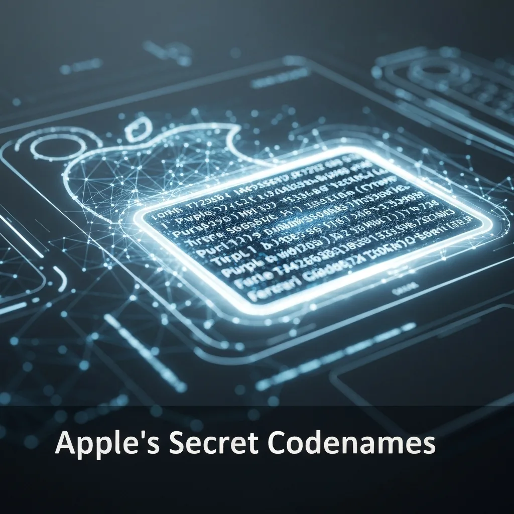 A high-tech digital interface decoding cryptic symbols to reveal Apple product codenames like 'Purple' and 'Titan', set against a dark, mysterious background, illustrating 'Apple's Secret Language: A Complete Guide to Product Codenames'.