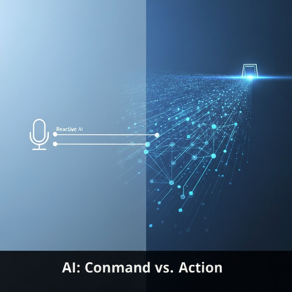 Conceptual digital illustration showing a clear contrast between a simple, reactive AI (represented by a single command icon) and a complex, proactive Agentic AI (represented by an intricate network of autonomous actions leading to a goal), with the headline "AI: Command vs. Action".