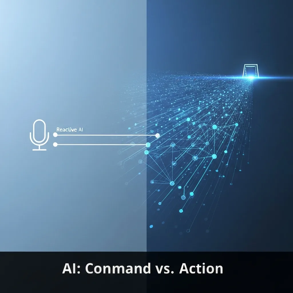 Conceptual digital illustration showing a clear contrast between a simple, reactive AI (represented by a single command icon) and a complex, proactive Agentic AI (represented by an intricate network of autonomous actions leading to a goal), with the headline "AI: Command vs. Action".
