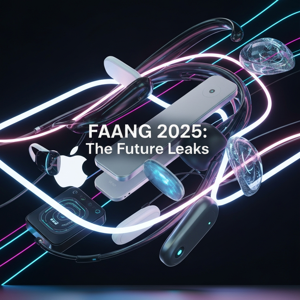 A futuristic digital art image depicting glowing, abstract tech entities clashing, representing a head-to-head comparison of rumored 2025 hardware leaks from FAANG companies like Apple, Meta, and Amazon, with the headline "FAANG 2025: The Future Leaks" overlaid.